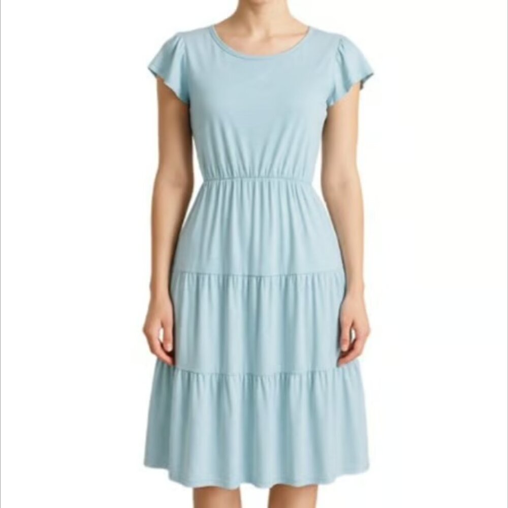 CzzzyL Blue Short Sleeve Midi Dress Casual Fit & Flare A-Line Peasant Boho SM